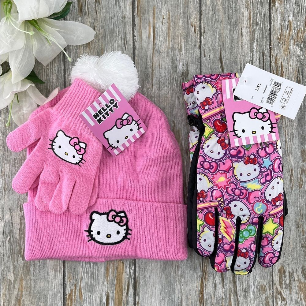Hello Kitty Pink Beanie Hat & Gloves 3-Piece Set